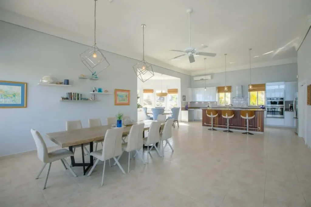 Spacious light Living Room and Kitchen with Dining Table and many Chairs